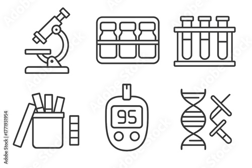 Biohacker Lab Icons. Line style icons of Biohacker Lab Essentials: microscope, supplement organizer, test tube rack, pH strips,