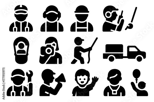 Balloon Crew Icons. Solid style icons of balloon crew: pilot, co-pilot, ground crew, radio operator, passenger, photographer,