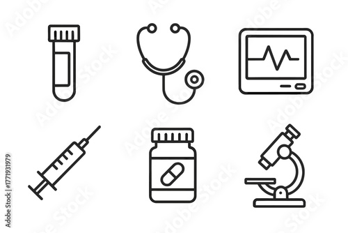 Medical Lab Icons. Line style icons of medical lab: blood sample tube, stethoscope, heart monitor, syringe, pill bottle,
