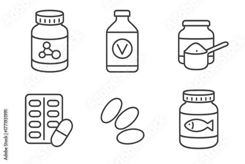 Ketogenic Supplement Icons. Line style icons of ketogenic diet: keto supplements, exogenous ketones bottle, MCT oil jar, collagen