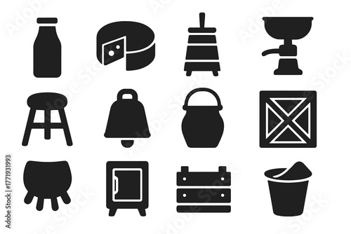 Dairy Farming Icons. Solid style icons of dairy farming: milk bottle, cheese wheel, butter churn, cream separator, milking stool,