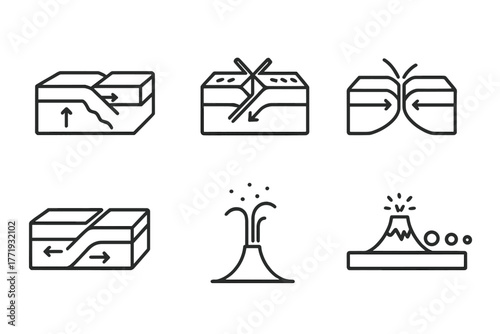 Volcanology Line Icons. Line style icons of volcanology: tectonic boundary, convergent plate, divergent rift, transform fault,
