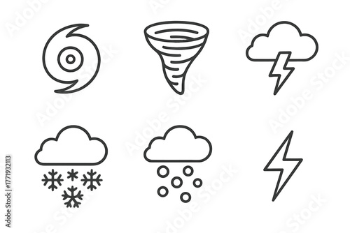 Severe Weather Icons. Line style icons of severe weather: hurricane, tornado, thunderstorm, blizzard, hailstorm, lightning strike.