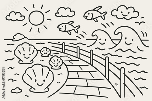 Seaside Smiles. A doodle of a seaside xystus with smiling seashells lining the walkway, playful fish leaping nearby, and cheerful
