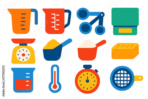 Colorful Kitchen Tools Icons. Flat vector icons of measuring tools: measuring cup with handle, glass measuring jug, set of