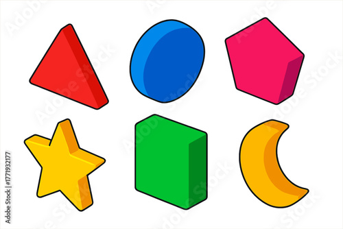 Bold Geometric Shapes. Isometric vector illustration set Colorful Shapes: bright triangle, bold circle, strong square, vivid