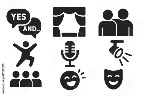 Theater Improv Icons. Solid style icons of Theater Improv: "Yes, And...", Stage, Partner, Spontaneity, Microphone, Spotlight,