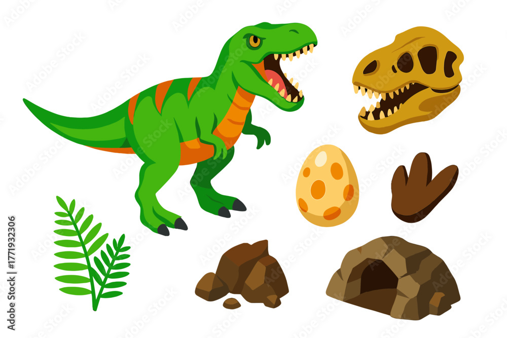 Naklejka premium Prehistoric Icon Set. Isometric vector illustration set Prehistoric Icons: roaring T-Rex, fossil skull, dinosaur egg, footprint