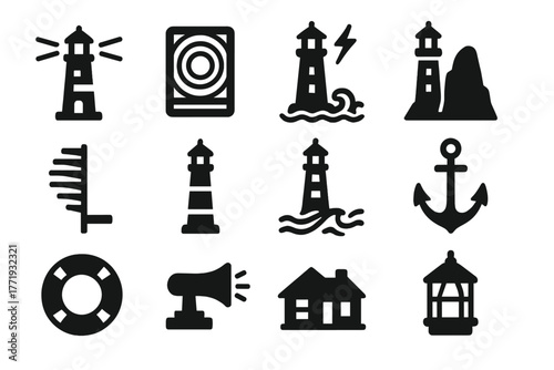 Lighthouse Icon Set. Solid style icons of lighthouses: beacon, Fresnel lens, storm, rock cliff, spiral staircase, light tower,