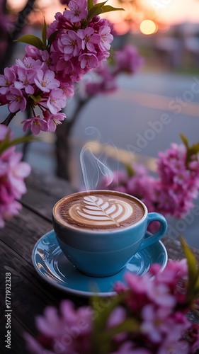 Cozy coffee moment amidst blooming purple flowers evening light