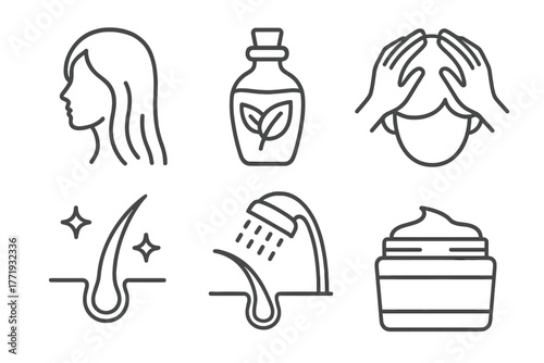 Ayurveda Hair Care Icons. Line style icons of Ayurveda: hair and scalp care, herbal hair oil bottle, scalp massage hands, shine