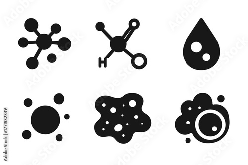Primordial Soup Icons. Solid style icons of primordial soup components: Organic Molecule Cluster, Amino Acid Shape, Simple