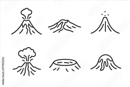 Volcano Icon Collection. Line style icons of volcanology: stratovolcano, shield volcano, cinder cone, lava dome, fissure eruption,