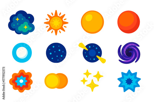 Star Life Cycle Icons. Flat vector icons of star life cycle: stellar nursery cloud, protostar glow, main sequence star, red giant,