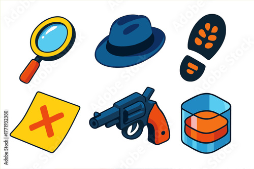 Detective Icon Set. Isometric vector illustration set Classic Detective Symbols: magnifying glass, tilted fedora hat, marked