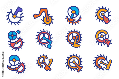 Colorful Clock Escapements. Flat vector icons of escapements: anchor escapement, lever escapement, detent escapement, cylinder