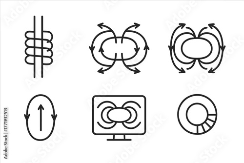 Nuclear Fusion Icons. Line style icons of nuclear fusion: magnetic field coil, poloidal field, toroidal field icon, magnetic flux