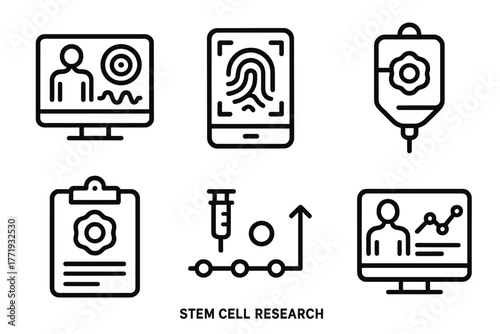 Stem Cell Icons. Line style icons of stem cell research: patient monitoring icon, biometric scanner, therapy tracking tag, medical