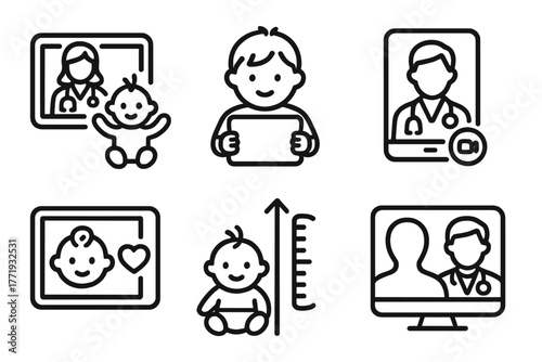 Telemedicine Icons Set. Line style icons of telemedicine: pediatric telehealth, child with tablet icon, online pediatrician call,