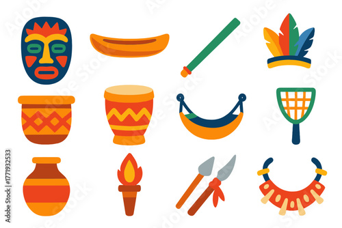 Rainforest Culture Icons. Flat vector icons of rainforest culture: tribal mask, wooden canoe, blowgun, feather headdress, woven