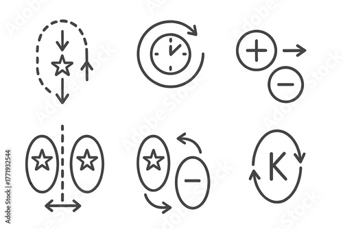 Particle Physics Icons. Line style icons of particle physics: CPT symmetry, time reversal, charge conjugation, parity flip, CP