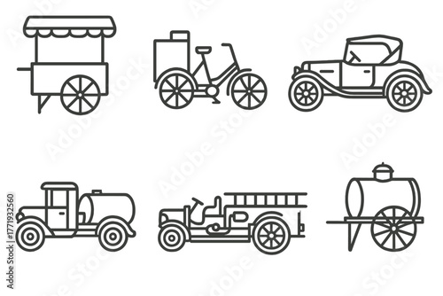 Vintage Streetscape Vehicles. Line style icons of 1900s Streetscape Vehicles: pushcart, street vendor trike, open-top car, fuel