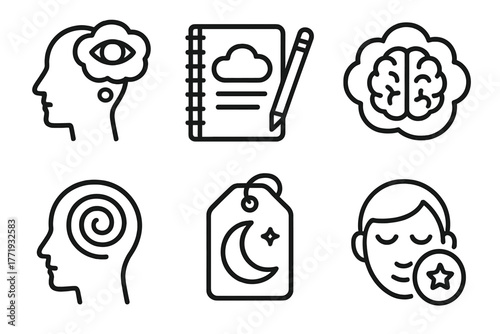 Sleep Therapy Icons. Line style icons of sleep therapy: dream analysis, dream journal icon, sleeping brain cloud, subconscious