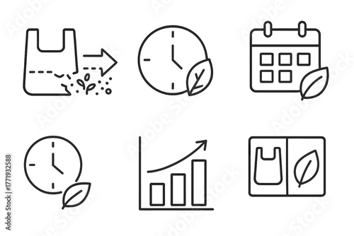 Biodegradable Plastics Icons. Line style icons of biodegradable plastics: degradation timeline, clock and leaf icon, days to