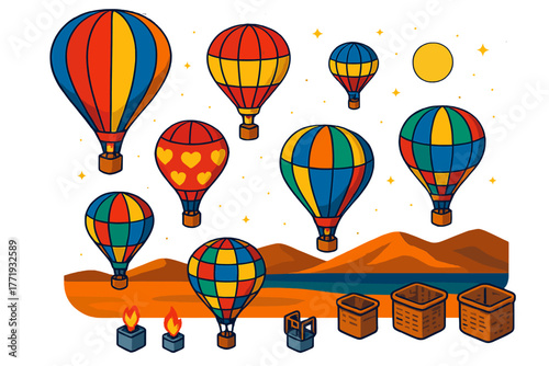 Vibrant Balloon Festival. Isometric vector illustration set Balloon Festival: multiple balloons in the air, wicker baskets, fire