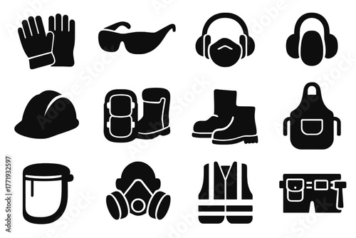 Safety Gear Icons. Solid style icons of safety gear: work gloves, safety glasses, dust mask, ear protection, hard hat, knee pads,