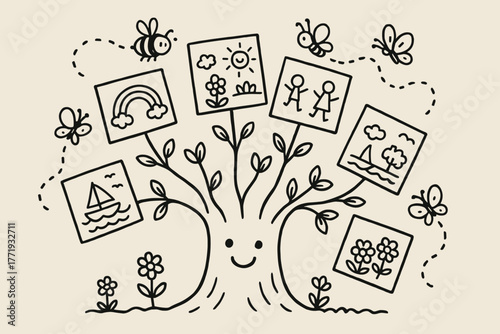 Whimsical Postcard Tree. A doodle of postcards sprouting from a smiling tree, each card showing tiny joyful scenes, with bees and