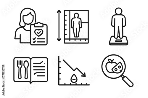 Nutrition Science Icons. Line style icons of nutrition science: nutritional assessments, BMI chart icon, body composition scan,