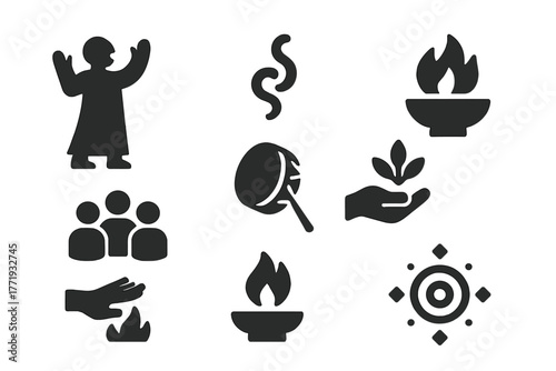 Ceremonial Ritual Icons. Solid style icons of ritual and ceremonial context: Chanting Figure, Smoke Curl, Fire Bowl, Circle of