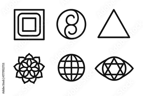 Geometric Chakra Icons. Line style icons of Geometry and Chakras: root square icon, sacral circle flow, solar plexus triangle,