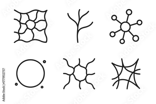 Dark Matter Icons. Line style icons of dark matter: cosmic web, matter filament icon, galaxy cluster node, void space symbol,