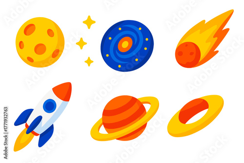 Universe Icon Set. Isometric vector illustration set Universe Icons: cratered moon, dotted stars, round galaxy, blazing comet,