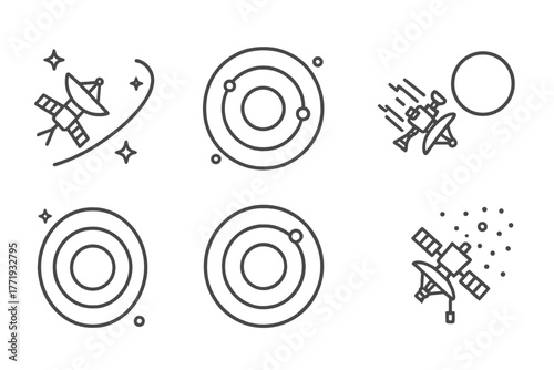 Space Exploration Icons. Line style icons of space exploration: deep space mission icon, outer solar system, Pluto flyby,