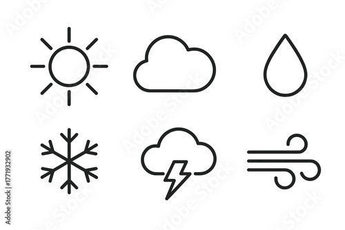 Meteorology Icons. Line style icons of meteorology: sun icon, cloud cover, raindrop symbol, snowflake icon, thunderstorm cloud,