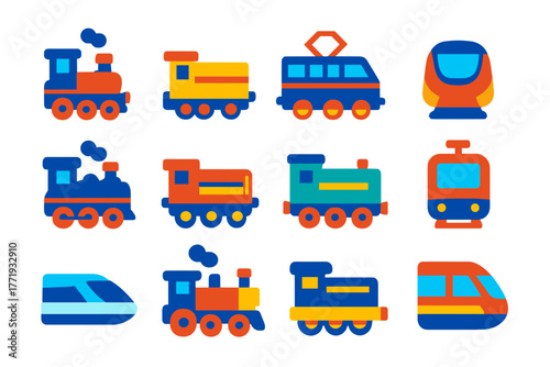 Bright Train Icons. Flat vector icons of locomotives: steam locomotive, diesel engine, electric locomotive, high-speed train front
