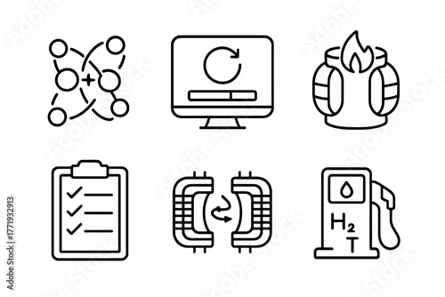 Nuclear Fusion Icons. Line style icons of nuclear fusion: fusion startup sequence, system boot-up, pre-heating phase, diagnostic