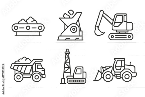 Mining Equipment Icons. Line style icons of mining equipment: conveyor belt, crusher, excavator, dump truck, drilling rig, loader.