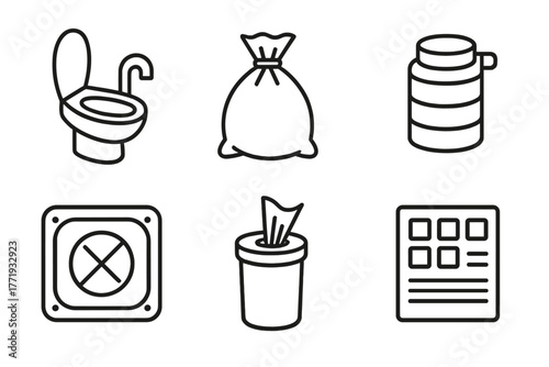 Zero-Gravity Waste Icons. Line style icons of Zero-Gravity Waste Management: vacuum toilet, sealed waste bag, odor filter canister
