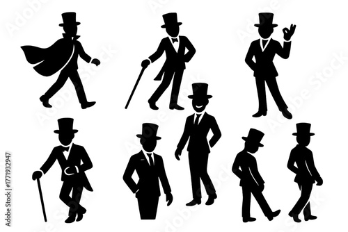 Dandy Elegance in Motion. Solid style icons of dandy elegance in motion: Cloak Billow, Cane Swing, Twirl Gesture, Glove Snap,