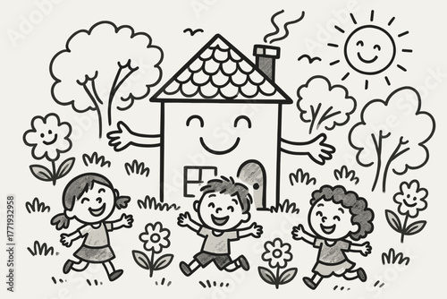 Happy House Usufruct. A doodle of a smiling house happily lending its garden to cheerful children playing, with flowers and trees