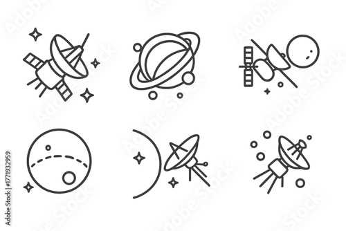 Space Exploration Icons. Line style icons of space exploration: deep space mission icon, outer solar system, Pluto flyby,