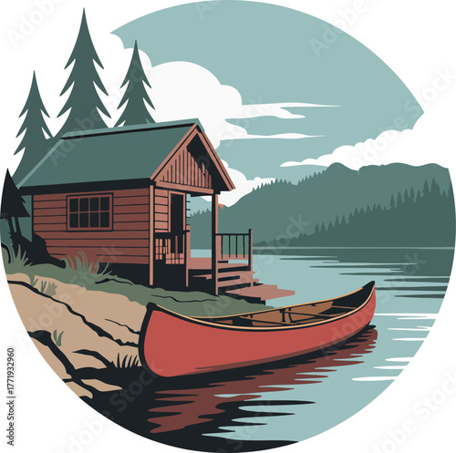 Vintage outdoor adventure scene rustic cabin lakeside canoe forest background vector graphic