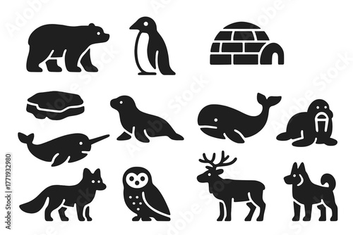 Polar Life Icons. Solid style icons of polar life essentials: polar bear, penguin, igloo, ice floe, seal, whale, narwhal, walrus,