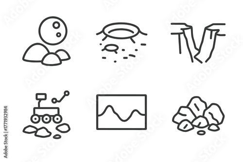Space Exploration Icons. Line style icons of space exploration: planetary surface, crater icon, canyon ridge, rocky terrain,