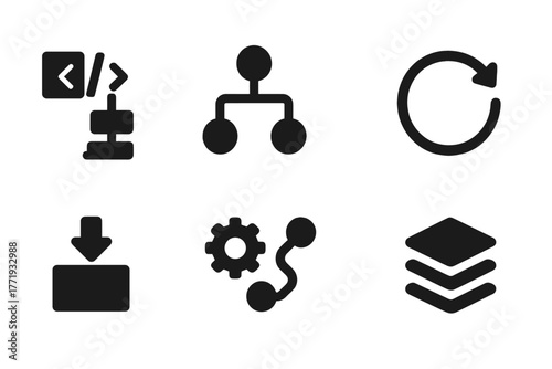 Algorithm Icons Set. Solid style icons of algorithmic process: Code Flowchart, Decision Tree, Machine Logic Steps, Training Loop