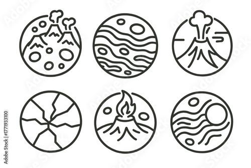 Volcanic Exoplanet Icons. Line style icons of exoplanets: volcanic exoplanet, lava world icon, molten surface, plume eruption,